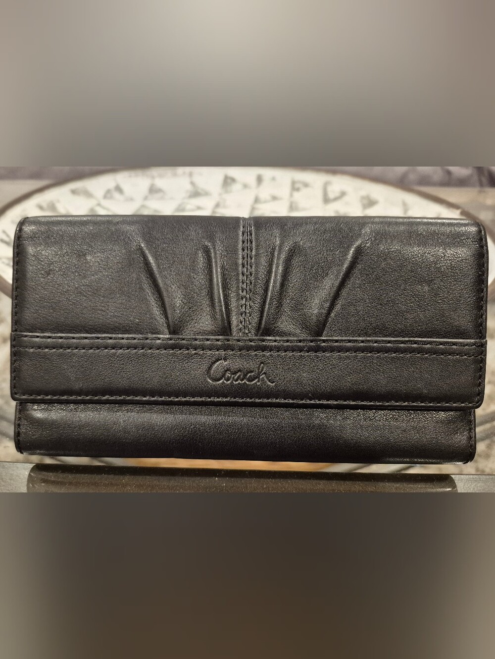 Coach Black Leather Fold-Over Wallet with Pleat Detail